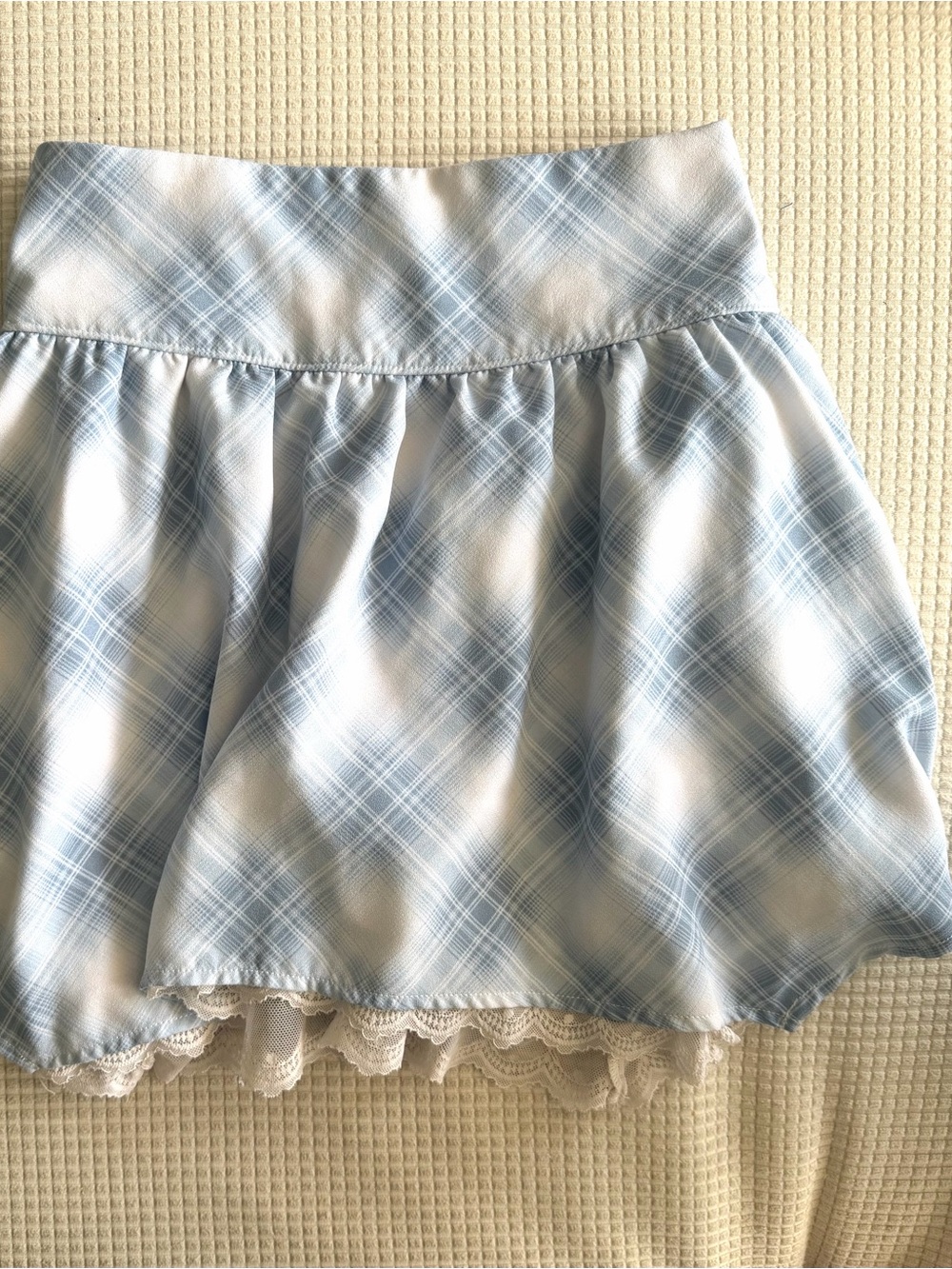 Abercrombie kids Blue Plaid Lace Trim Skater Skirt Skort  13/14 Coquette Preppy